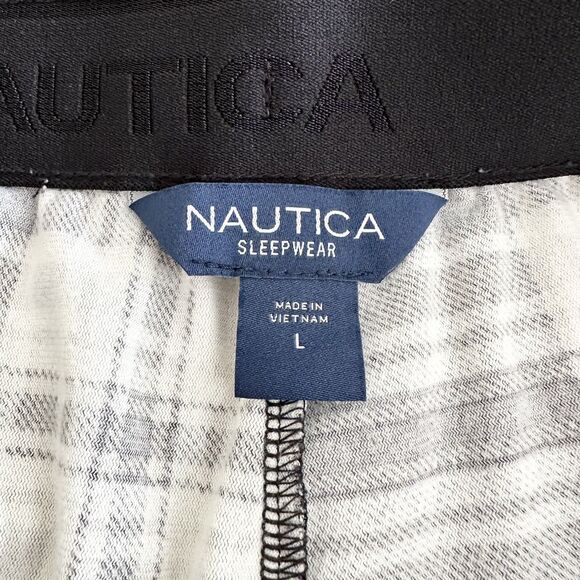 Nautica Pajama Pants Mens Size L Black White Plaid Elastic Waist Drawstring - Picture 6 of 8